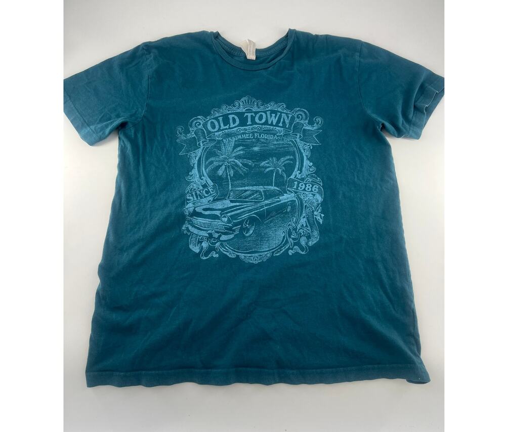 Old Town Tshirt Womens Blue Teal Large Graphic Shirt Top Pullover